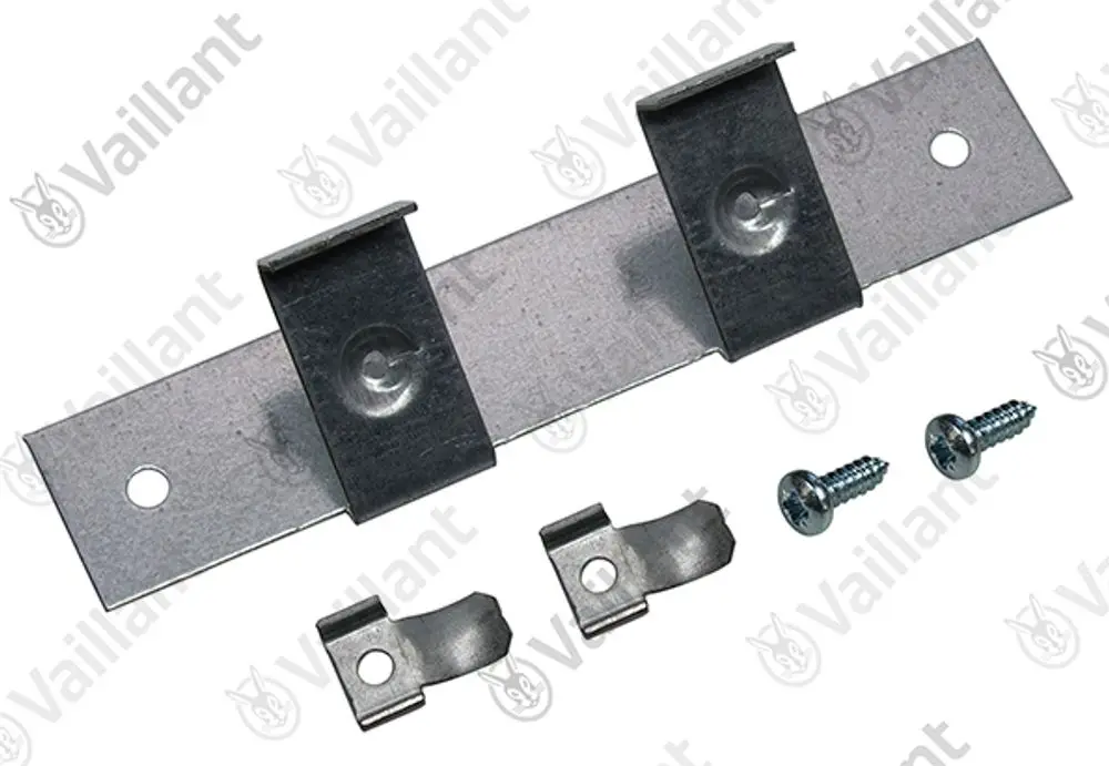 Vaillant Halterung aus Metall mit zwei Befestigungsclips und Schrauben. Geeignet zur sicheren Montage in Heizungsanlagen.